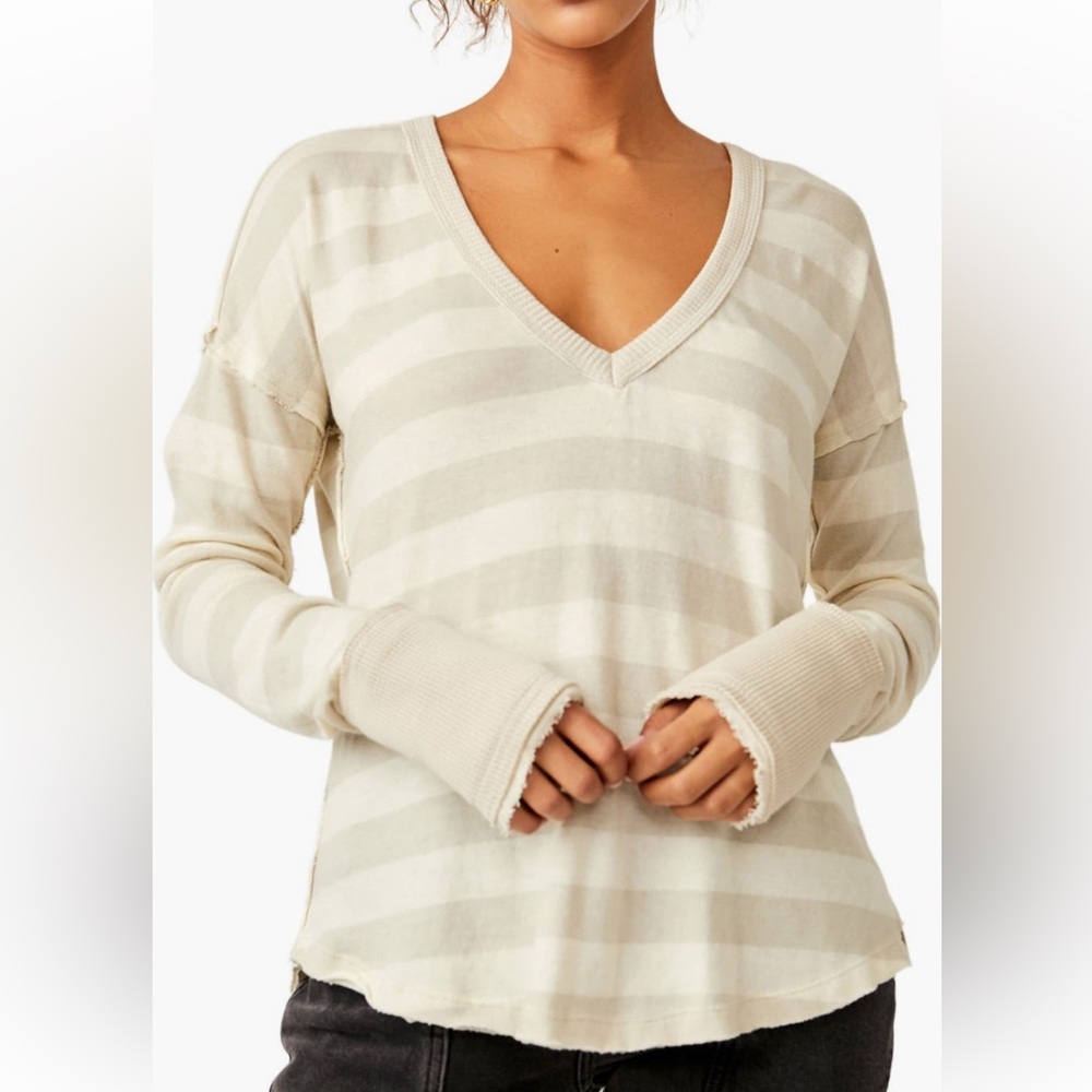 Free People NWT WTF Sail Away Stripe Vneck Long Sleeve Cotton T-Shirt size small